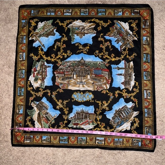 Vintage PIAZZA PIETRO St Peters Square Blue and Gold ROME Scarf Made in ITALY - Picture 2 of 13